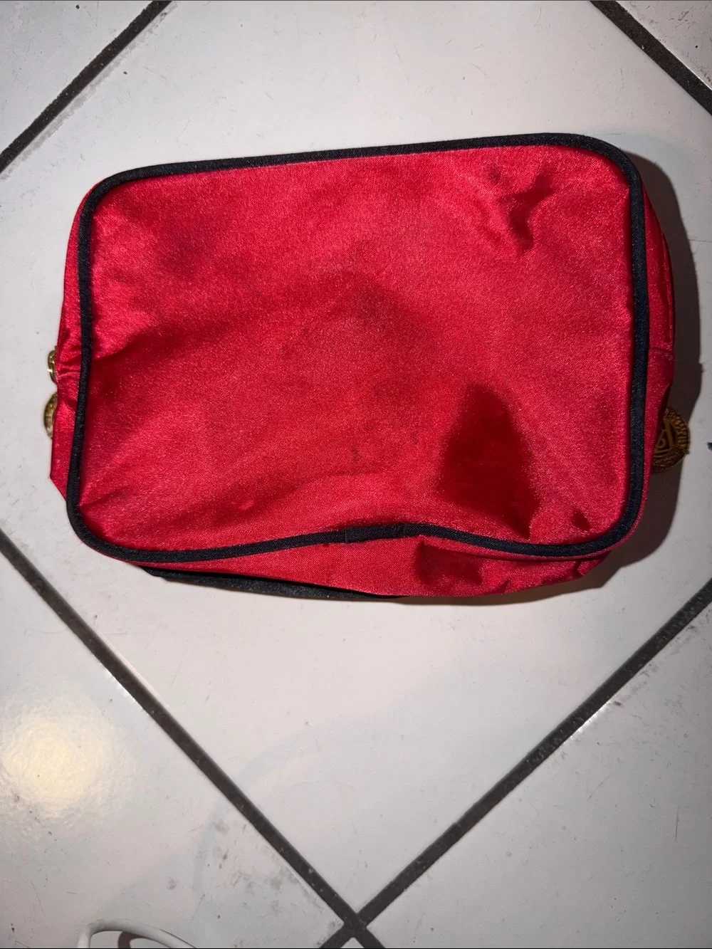 Yves Saint Laurent Red Satin Cosmetic Pouch with Black Trim